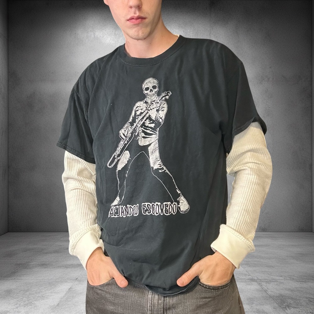 Vintage Alejandro Escovedo Skeleton Guitar Graphic T-Shirt Black XL Y2K Grunge